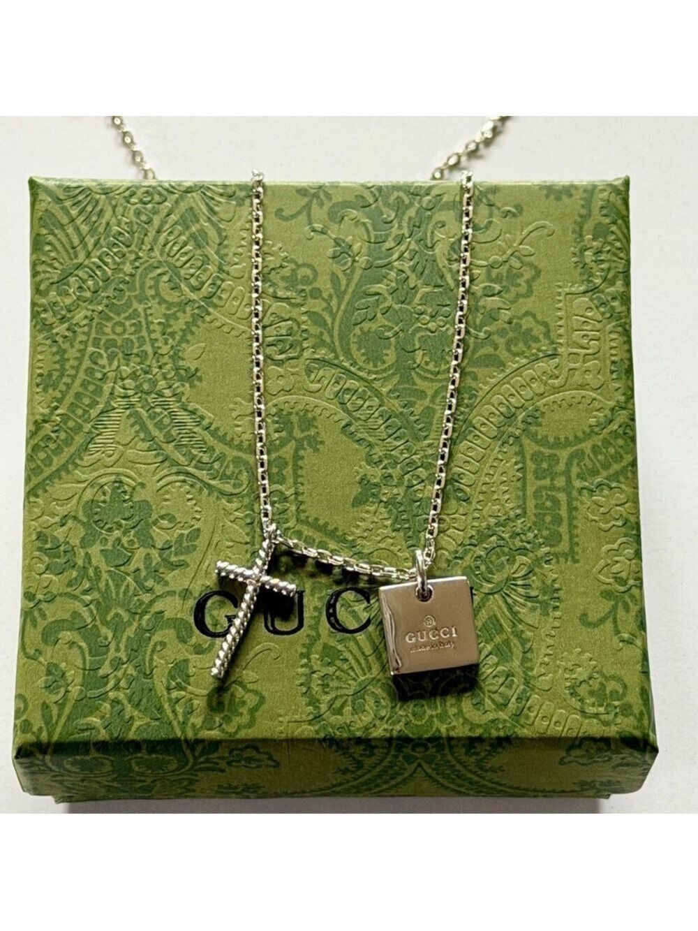 Gucci Trademark Square Tag & Twisted Cross Pendant Necklace Sterling Silver 925⁠